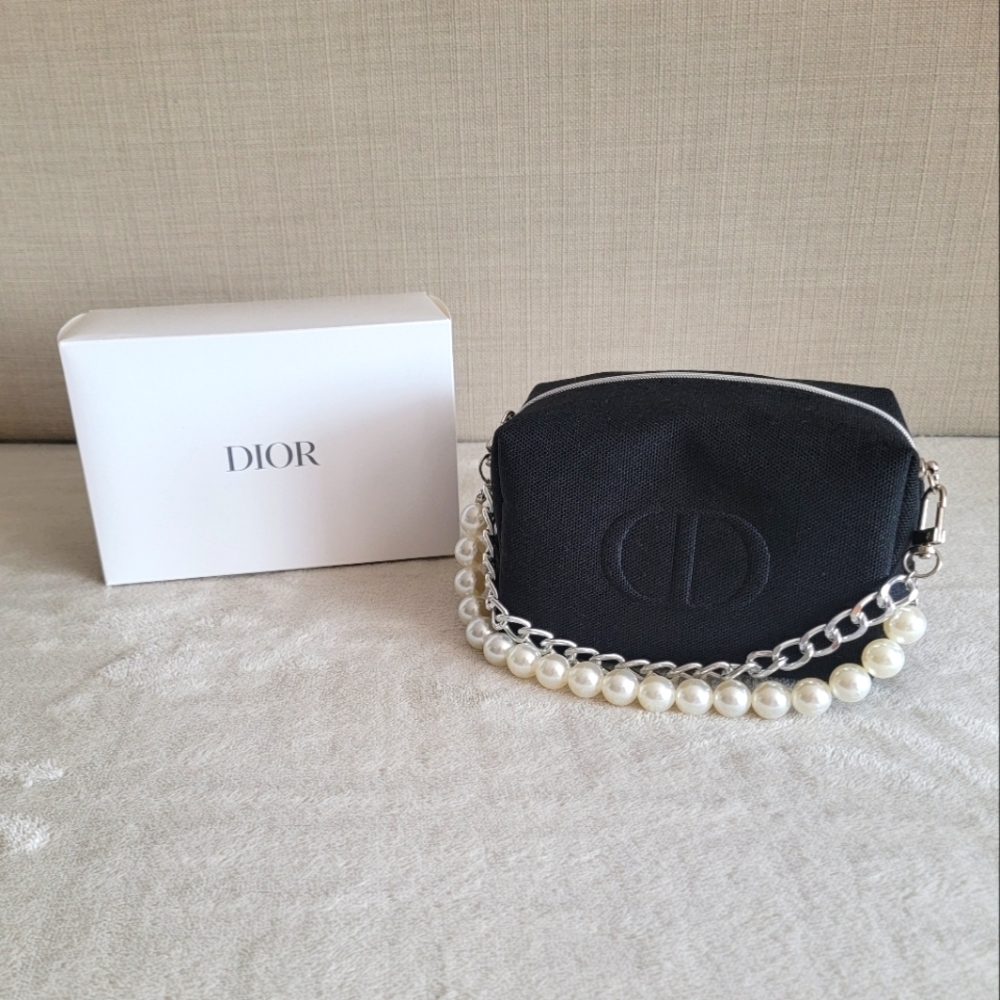 Christian Dior Black Beauty Bag Makeup Pouch Case with Pearl Strap Wristlet